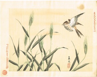1894, Japanese Woodblock print, antique, Matsumura Keibun, "Skylark"