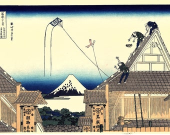 Japanese Ukiyo-e Woodblock print, Hokusai, "A sketch of the Mitsui shop in Suruga in Edo"
