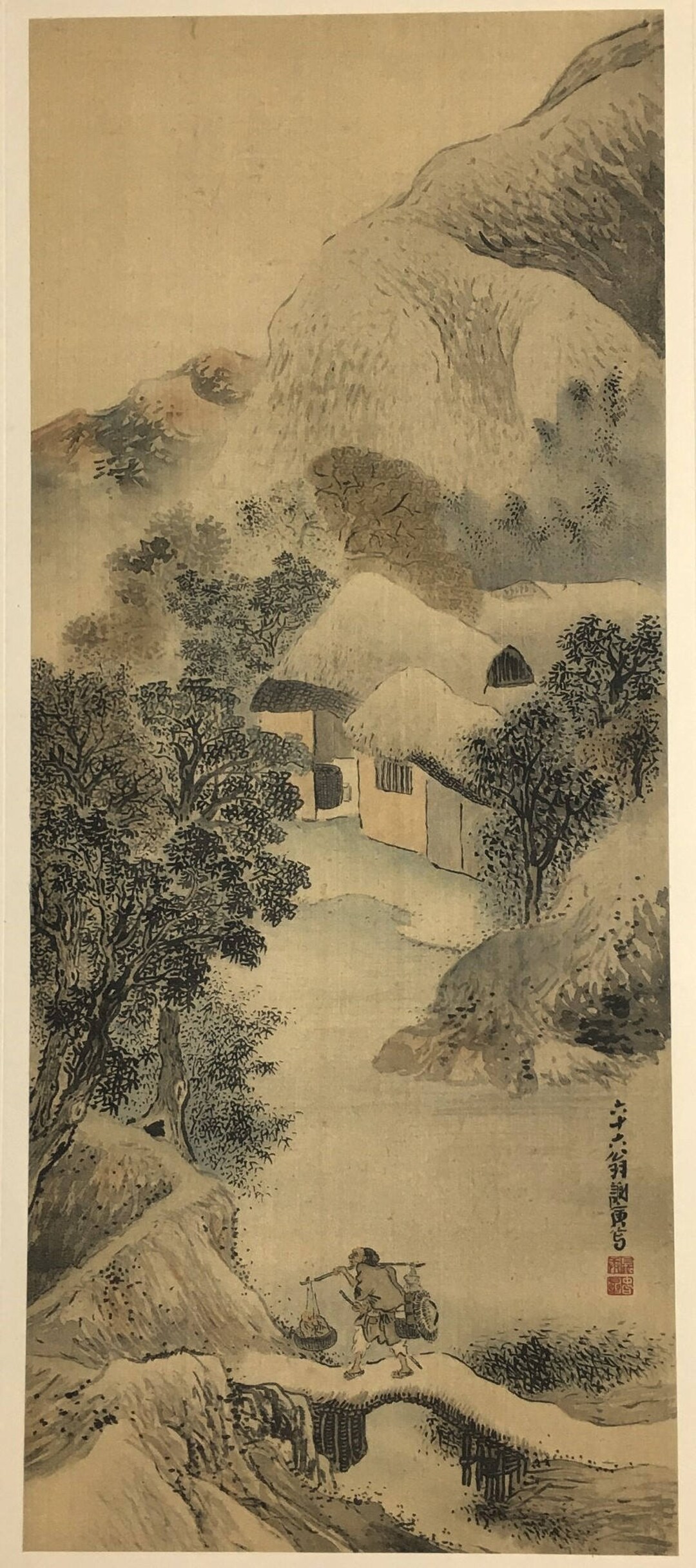 1909年、日本の古木版画、与謝蕪村「渓村晩露、秋林伐木図双福