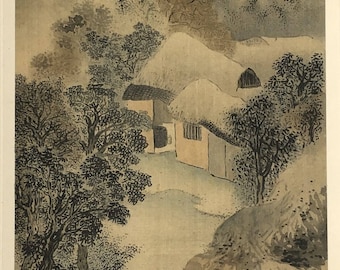 1909, Japanese antique woodblock print, Yosa Buson, "渓村晩露、秋林伐木図双福".