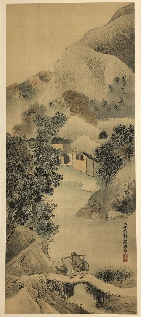 1909年、日本の古木版画、与謝蕪村「渓村晩露、秋林伐木図双福