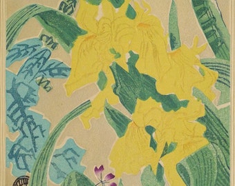 1932, Ukiyoe, impression originale Sōsaku-hanga, gravure sur bois, antique, Eichi Kotozuka, « Iris jaune »