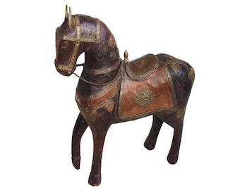 WOOD HORSE Large FIGURINE With Copper And Brass Decoration, Vintage Carved Wood Ethnic Horse Ornament, Antique Look Animal Sculpture!