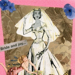 BRUID en VREUGDE Bruiloft WensKAART Door Slim &Amp; Sugar, Vintage Style Collage Ephemera Original Design Greetings Card, Retro jaren 1950 Bruiloft!