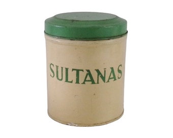 1930s KITCHEN STORAGE TIN For Sultanas By Tala, Vintage Green And Cream Metal Container, Antique Kitchen Canister Display!