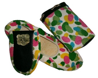 1960s PRETTY POLLY 'Casuals' Ballet SHOES In Carry Pouch, Never Worn, Vintage Mid Century Towelling Fold Up Soft Shoes, Pop Art Dots, Size L