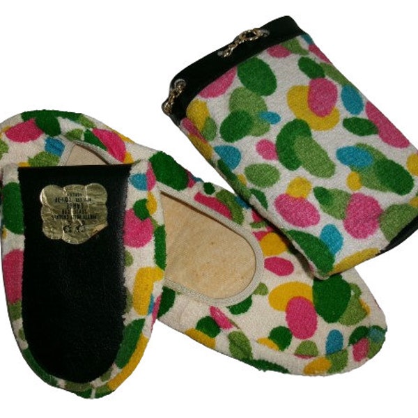 1960s PRETTY POLLY 'Casuals' Ballet SHOES In Carry Pouch, Never Worn, Vintage Mid Century Towelling Fold Up Soft Shoes, Pop Art Dots, Size L