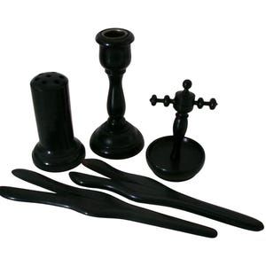Victorian EBONY VANITY ACCESSORIES, Antique Black Dressing Table Items Candlestick, Glove Stretchers, Ring Holder, Hatpin Stand, 1890s Treen