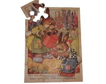 1930s BUNNY RABBITS Antique JIGSAW, Adorable Anthropomorphic Gardening Bunnies Wooden 15 Piece Jigsaw Puzzle With Rhyme, Vintage Toys