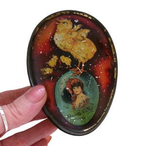 Antique DAINTY DINAH Egg Shaped TIN By George W. Horner, Edwardian Novelty Toffee Confectionery Sweets Candy Tin, Vintage Packaging