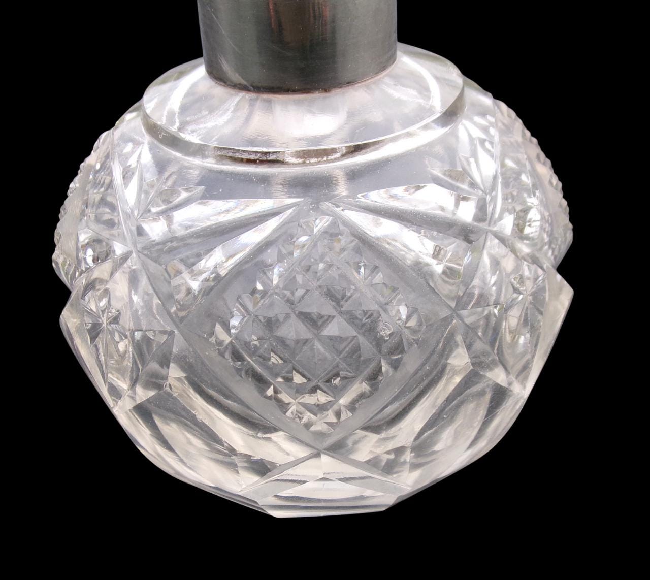 アンティークカットガラス香水瓶、スターリングシルバーリム、バブル