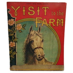 c1870s BESUCH AUF DER FARM Seltenes atemberaubendes großes Bilderbuch, Dean&#39;s Gold Medal Series, viktorianische antike ästhetische Lithographie für Kinder