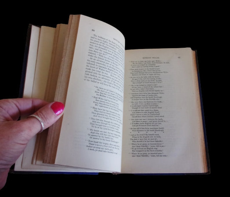Puede incluir: Un libro abierto con p&aacute;ginas amarillentas y una cubierta azul. El texto en las p&aacute;ginas es un poema titulado "Barnabas McGuire".