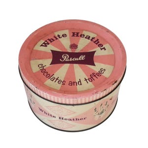 Vintage PASCALL WHITE HEATHER Tin, Mid Century Confectionery Toffee Chocolates Candy Tin, 1950s Packaging, Stash Tin Display