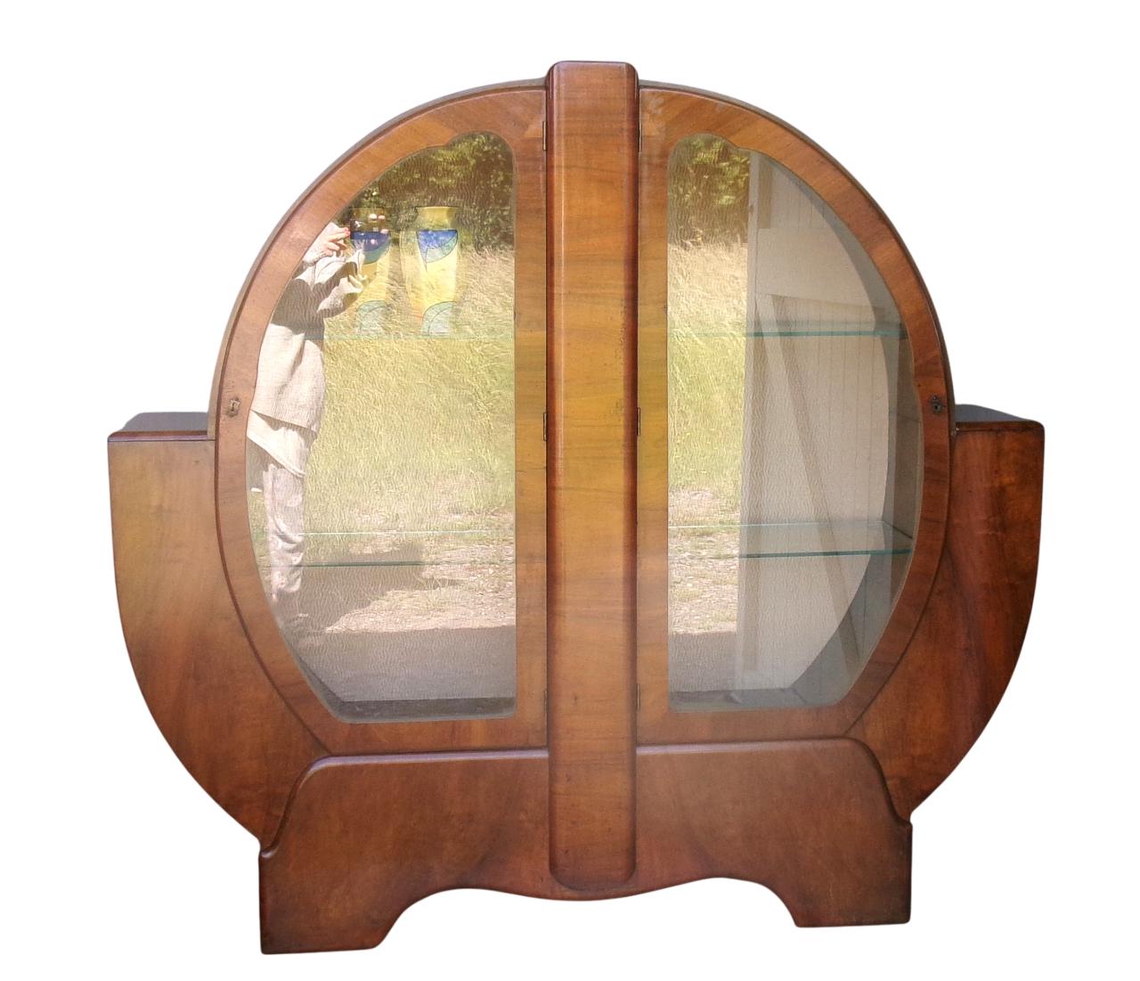 Art Deco ROUND DISPLAY CABINET By Record, Stunning Walnut Veneer Circular Show Case Vitrine Cabinet, 1930s Furniture, China Drinks Display
