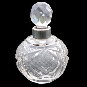 Antique Cut GLASS SCENT BOTTLE With Sterling Silver Rim, Beautiful Vintage Large Round Perfume Bottle, Bubble Stopper, Dressing Table Beauty