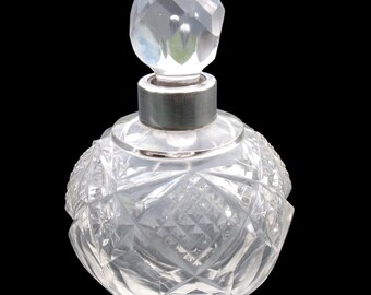 アンティークカットガラス香水瓶、スターリングシルバーリム、バブル