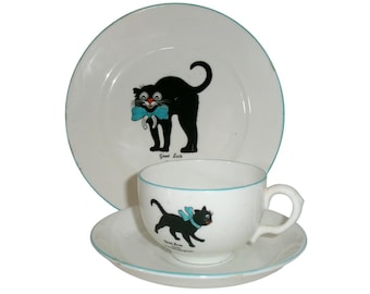 1920s LUCKY BLACK CAT Cup, Saucer And Plate, Art Deco Era Black Cat Souvenir Ware From Littlehampton Sussex, Cat Lover&#39;s Gift Antique Teacup