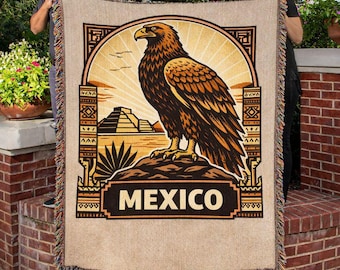 Golden Eagle Mexican Blanket: Vintage Teotihuacan Woven Throw