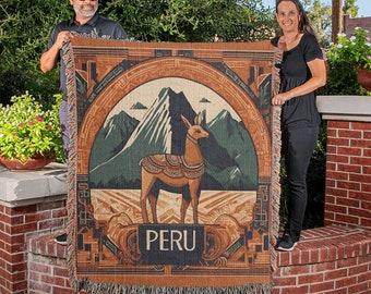Manta Tejida Peruana con Diseño de los Andes Vintage Llama Peruvian Andes Woven Throw Blanket | Alpaca Design | Peru Gift Home Decor