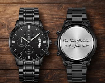 Personalized Engraved Black Watch for Him | Anniversary Gift | Reloj Grabado Personalizado | Regalo Para Esposo Novio