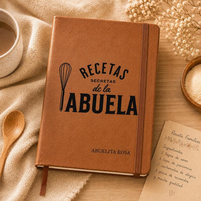 May include: A tan leather-bound notebook with a vertical elastic closure. The cover features a black whisk icon and the text "RECETAS SECRETAS de la ABUELA" with the name "ABUELITA ROSA" printed below in a clean, dark sans-serif font.