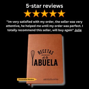 May include: A tan notebook with a black whisk icon and the text "RECETAS SECRETAS de la ABUELA" and "ABUELITA ROSA" printed on the cover. Above the notebook, five orange stars and a customer review are displayed on a black background.