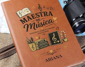 Personalized Music Teacher Journal, Vegan Leather Notebook , Spanish Music Teacher Gift, Custom Name, Appreciation Gift for Music Teacher