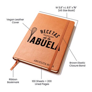 Personalized Abuela Recipe Book | Custom Family Cookbook | Vegan Leather Recipe Journal | Grandma Gift | Spanish Recipe Keepsake image 7