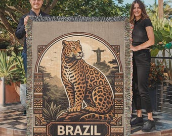 Brazil Jaguar Woven Blanket: Vintage Rio Rainforest Throw