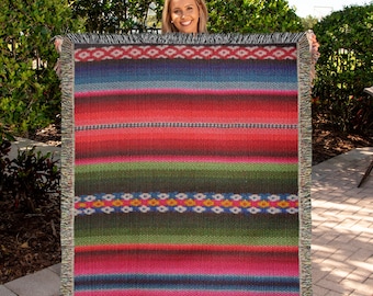 Striped Mexican Blanket: Colorful Woven Cotton Yoga Blanket (60x50)