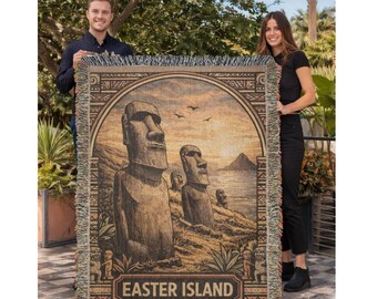 Easter Island Moai Blanket – Vintage Polynesian Tapestry, Rapa Nui Art