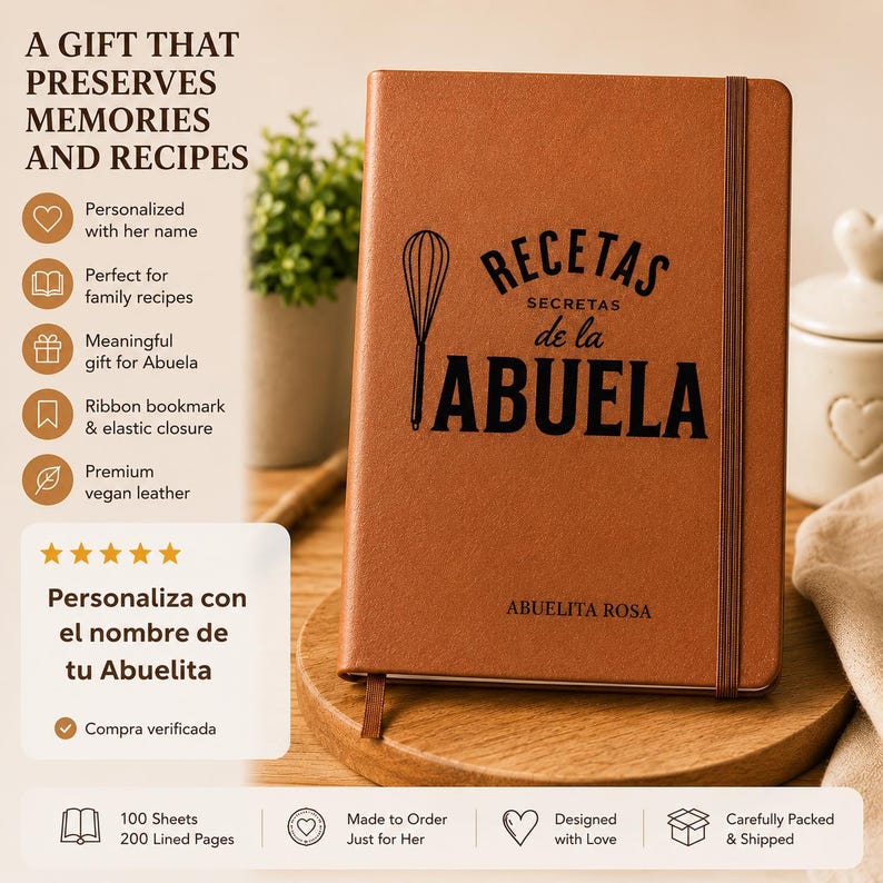 Personalized Abuela Recipe Book | Custom Family Cookbook | Vegan Leather Recipe Journal | Grandma Gift | Spanish Recipe Keepsake image 2