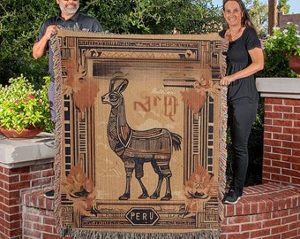 Manta Tejida de Perú con Llamas – Regalo Andino Vintage, Regalo Peruano, Premium Blanket 60" x 50"