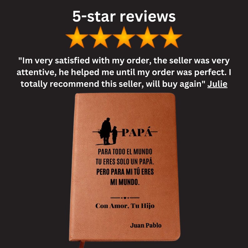 May include: Brown leather journal with a black silhouette of a father and son fishing. The text reads "Pap&aacute; Para todo el mundo tu eres solo un pap&aacute;. Pero para mi t&uacute; eres mi mundo. Con amor, Tu hijo Juan Pablo."