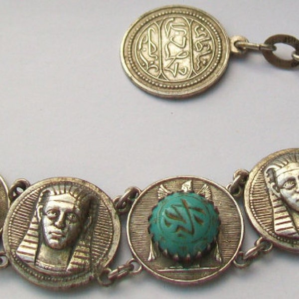 Vintage Egyptian Revival Turquoise Scarab & Sphinx Souvenir Panel Bracelet