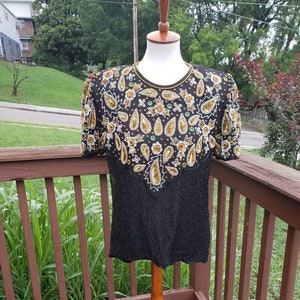 Vintage Black, Gold, and White Sequined Paisley Print Top