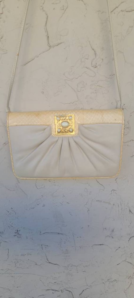 Vintage Cream Leather and Faux Snakeskin Bag