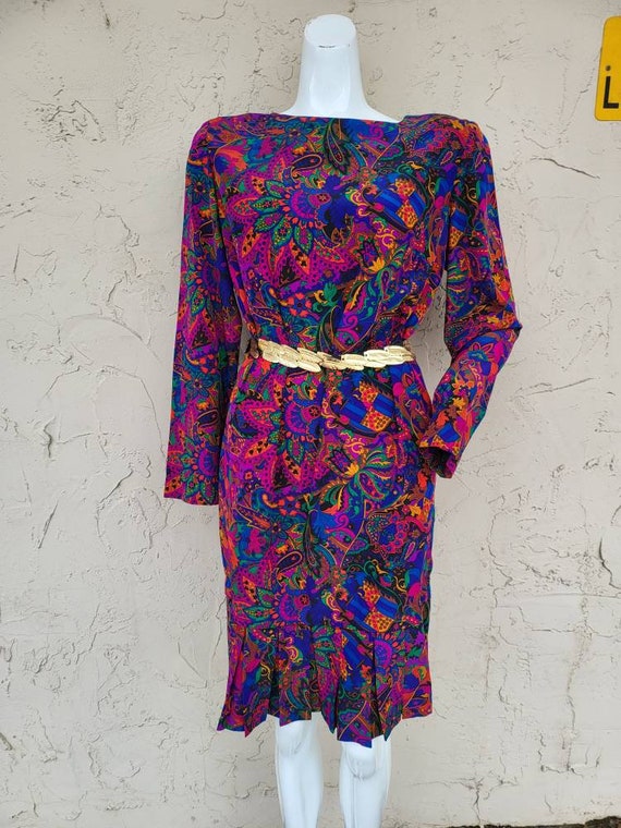 Vintage Multi Color Abstract Floral Print Dress Si