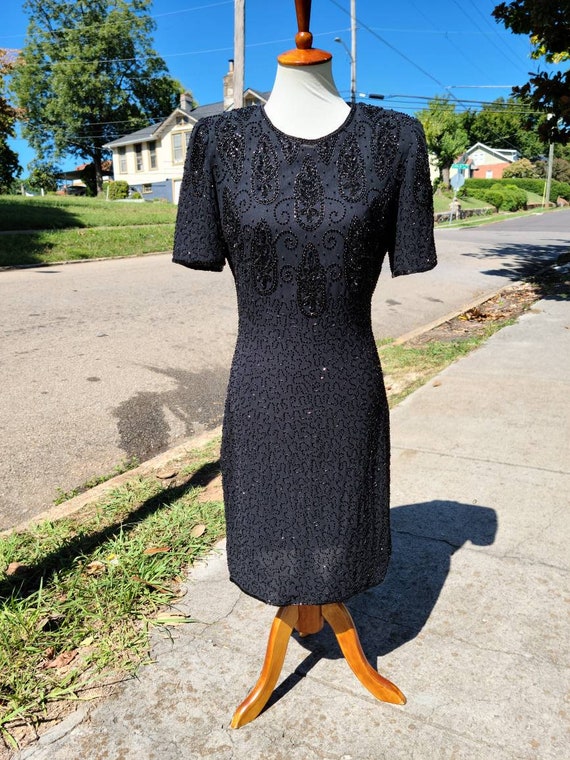 Vintage Black Beaded Short Sleeve Dress