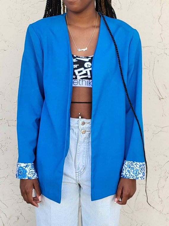 Vintage Blue and White Floral Open Front Blazer