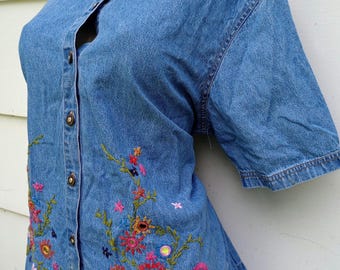 Vintage Embroidered Floral Jean Button Up Size 2X