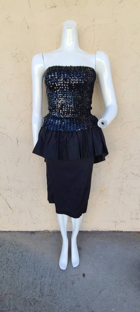 Vintage Black Dress Peplum Sequins and Statement B