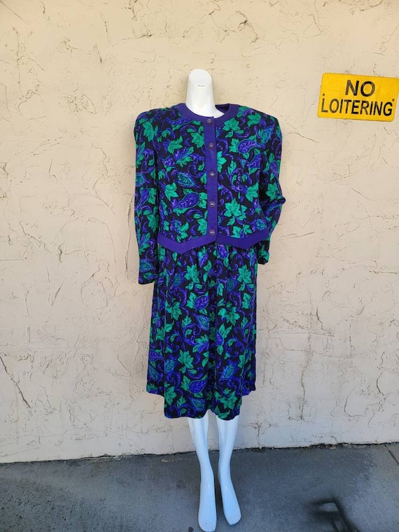 Vintage Green and Purple Floral Skirt Suit Set Si… - image 1