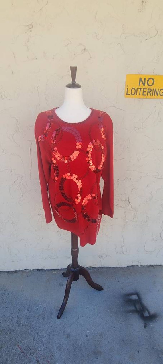 Vintage Red Sequin Disk and Beaded Circle Wool Ble