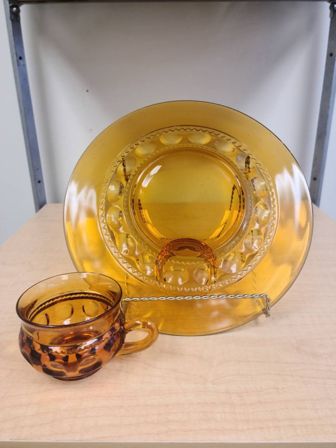 Vintage Amber Glass Snack Plate and Cup Sets Etsy