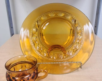 Vintage Amber Glass Snack Plate and Cup Sets