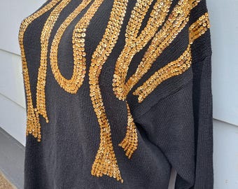 Vintage Sweater Black Knit and Gold Sequin Size Large
