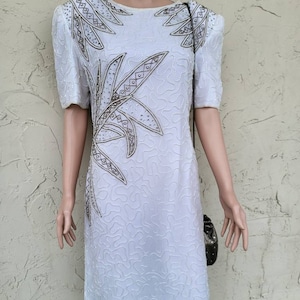 Vintage Deadstock White and Taupe Beaded and Sequined Cocktail Dress Size Large