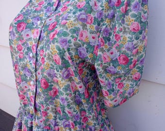 Vintage Floral Print Peplum Dress Size 16